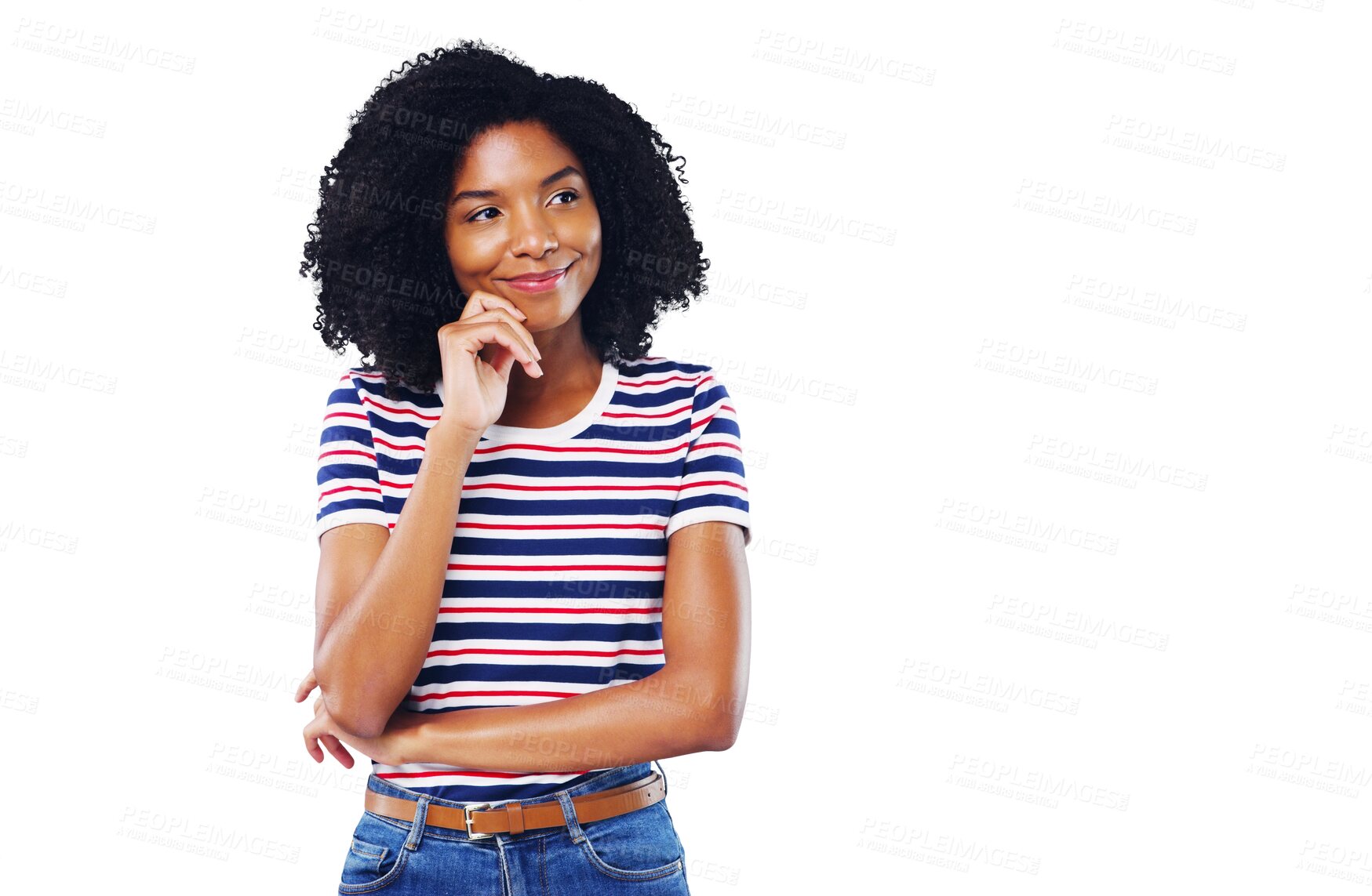 Buy stock photo Happy woman, student and thinking, planning future or goals for education, learning or opportunity. Young African person with ideas, inspiration or solution isolated on a transparent, PNG background