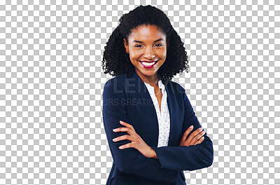 Buy stock photo Portrait, happy and a corporate black woman arms crossed isolated on a transparent background for work. Business, mission and smile with a confident young employee on PNG for her professional career