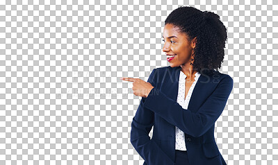 Buy stock photo Smile, pointing and young business woman for marketing, advertising or promotion with confidence. Happy, hand and professional African person with show gesture isolated by transparent png background.