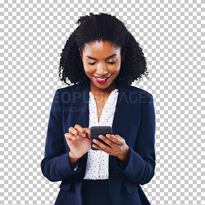 Buy stock photo Business woman, phone and typing on social media, website or software for human resources or job search. Professional African person with contact and mobile isolated on a transparent, PNG background