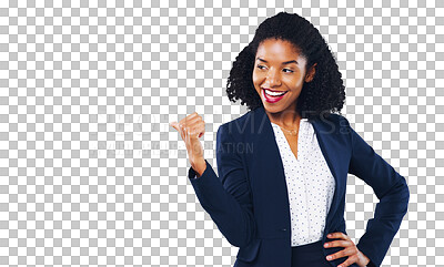 Buy stock photo Happy woman, business and pointing in advertising or marketing isolated on a transparent PNG background. African female person or employee showing deal, promotion or special sale in notification