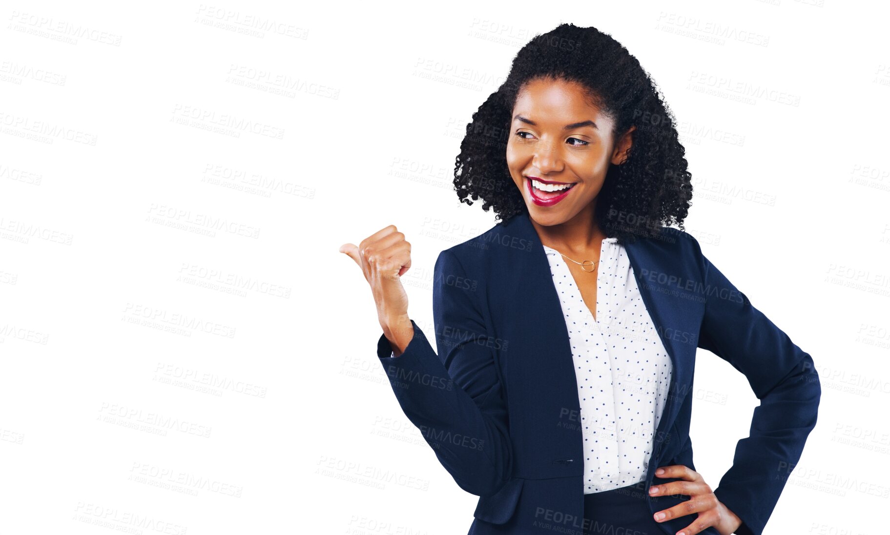 Buy stock photo Happy woman, business and pointing in advertising or marketing isolated on a transparent PNG background. African female person or employee showing deal, promotion or special sale in notification