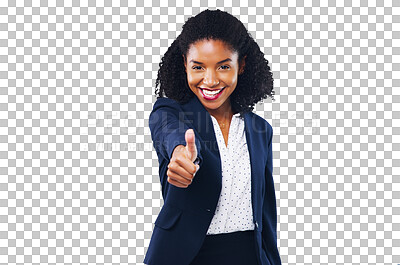 Buy stock photo Business woman, thumbs up and success, support or like emoji for winning and happy portrait. African employee or professional winner with thank you and good job isolated on transparent PNG background