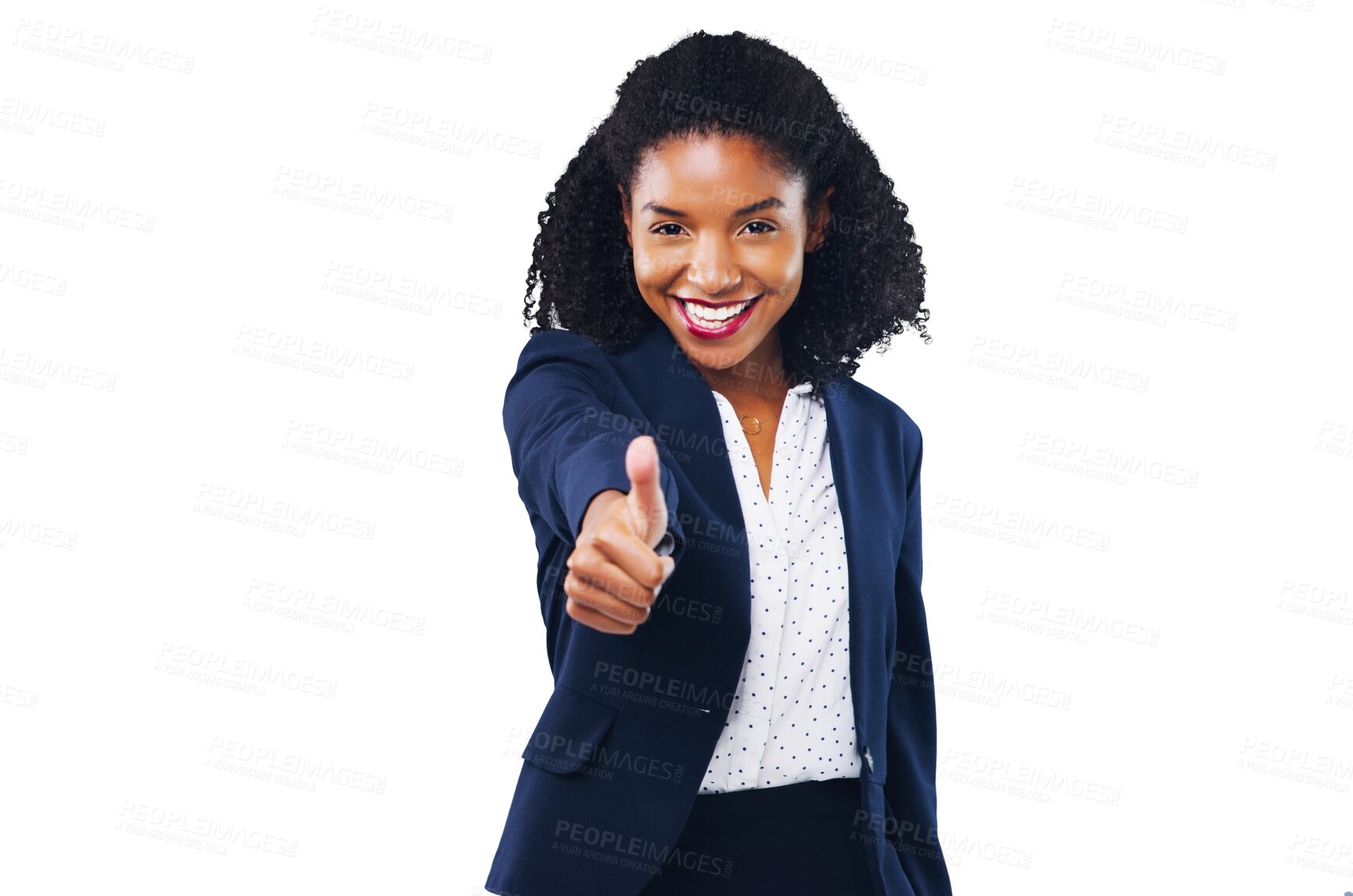 Buy stock photo Business woman, thumbs up and success, support or like emoji for winning and happy portrait. African employee or professional winner with thank you and good job isolated on transparent PNG background