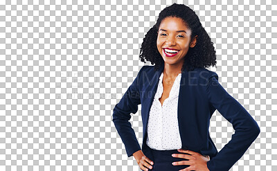 Buy stock photo Happy black woman, portrait and business professional in confidence isolated on a transparent PNG background. African female person, boss or employee smile with hands on hips in corporate management