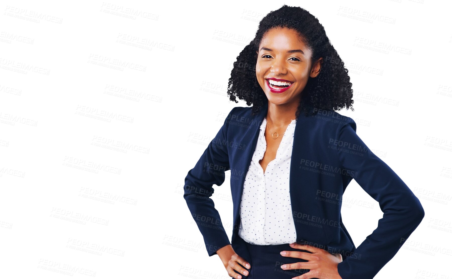 Buy stock photo Happy black woman, portrait and business professional in confidence isolated on a transparent PNG background. African female person, boss or employee smile with hands on hips in corporate management