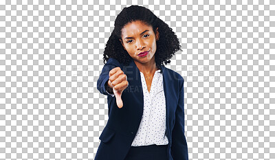 Buy stock photo Businesswoman, portrait and thumbs down for bad management and isolated on transparent png background. Unhappy worker, professional and disappointed with boss, work ethic and working environment