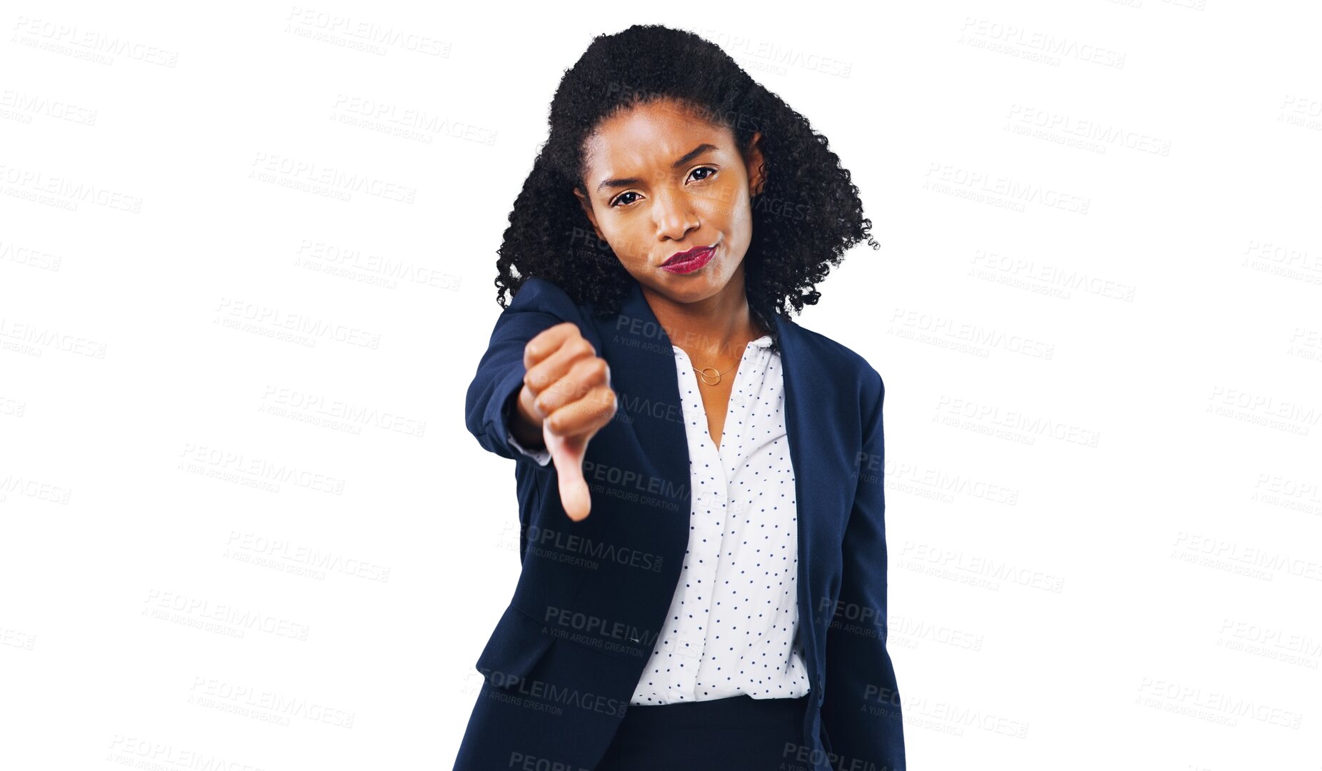 Buy stock photo Businesswoman, portrait and thumbs down for bad management and isolated on transparent png background. Unhappy worker, professional and disappointed with boss, work ethic and working environment