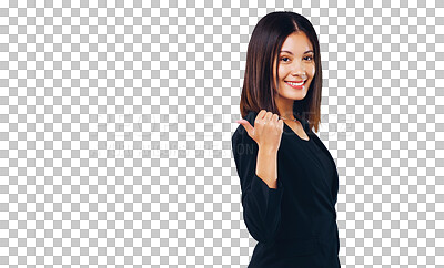 Buy stock photo Business woman, hand or pointing to presentation for news, information or opportunity in human resources. Portrait, professional worker and career announcement isolated on transparent PNG background 