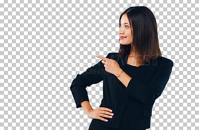 Buy stock photo Happy woman, business and pointing in advertising or marketing isolated on a transparent PNG background. Female person or employee smile and showing deal, notification or alert for announcement