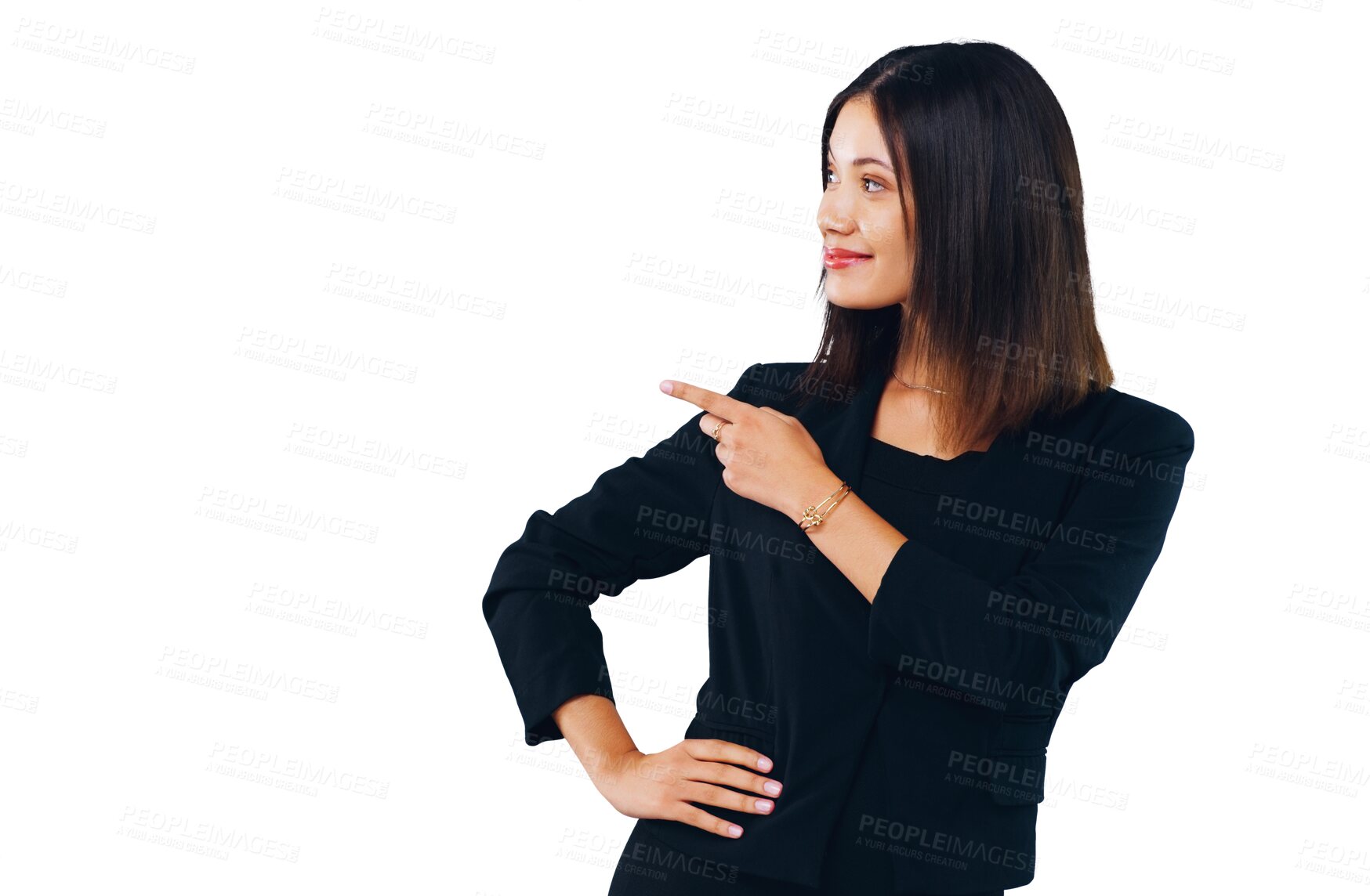 Buy stock photo Happy woman, business and pointing in advertising or marketing isolated on a transparent PNG background. Female person or employee smile and showing deal, notification or alert for announcement