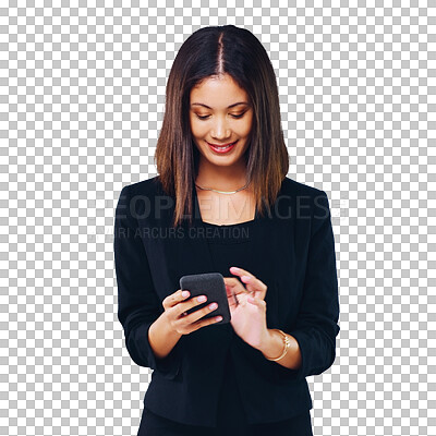 Buy stock photo Business woman, phone and reading on social media, website or software, email marketing and online chat. Professional African person with contact and mobile isolated on a transparent, PNG background