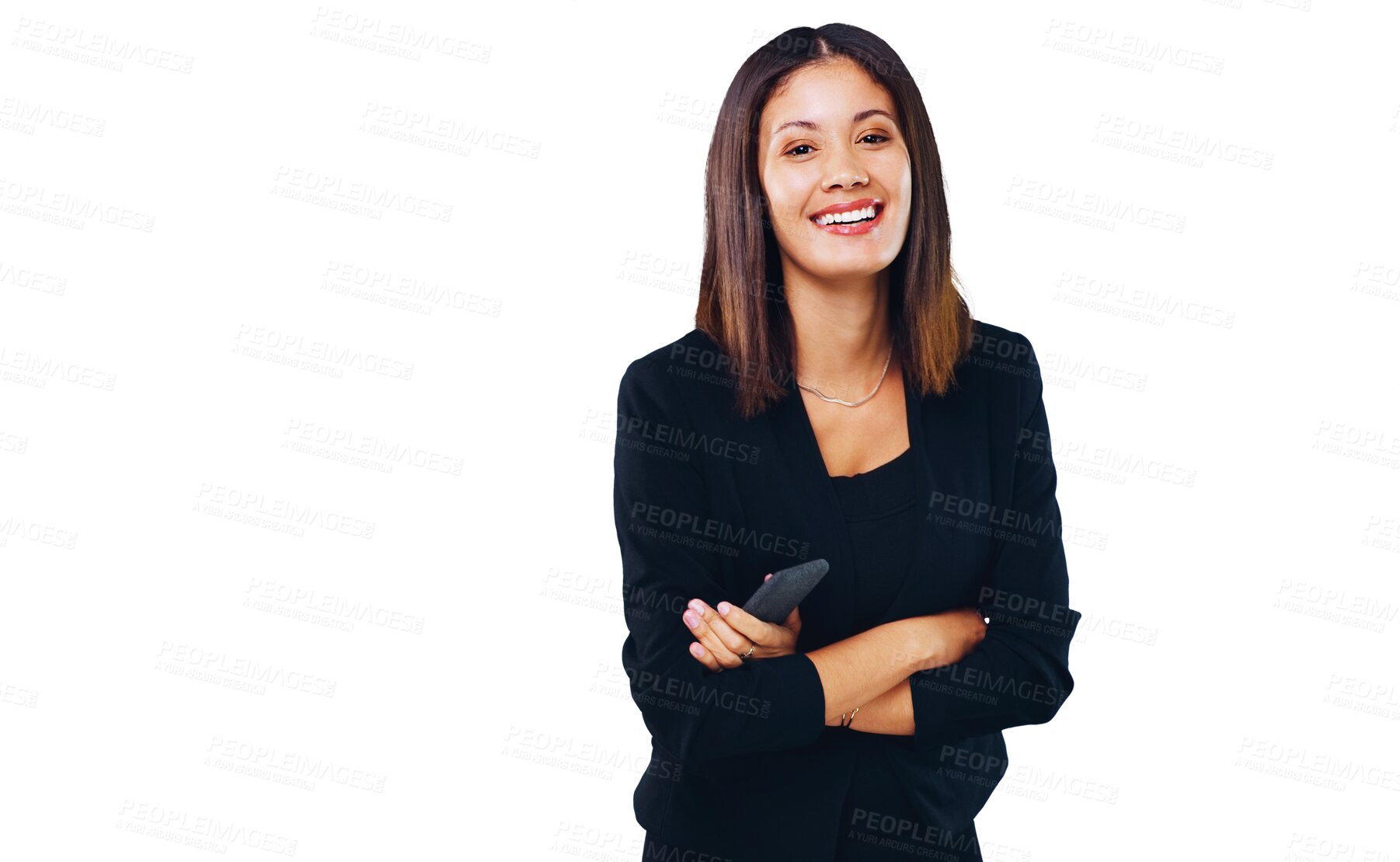 Buy stock photo Smile, crossed arms and portrait of businesswoman with classy, elegant and trendy outfit. Happy, confident and professional female person from Mexico with style isolated by transparent png background