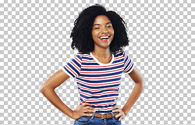 Buy stock photo Black woman, portrait and laugh with beauty or fashion or casual outfit isolated on png transparent background. Person, face or happy and confidence, pride or relax for trendy style or cool aesthetic