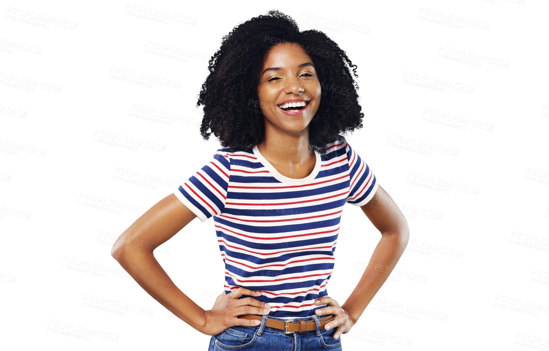 Buy stock photo Black woman, portrait and laugh with beauty or fashion or casual outfit isolated on png transparent background. Person, face or happy and confidence, pride or relax for trendy style or cool aesthetic