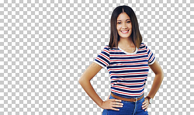 Buy stock photo Woman, portrait and smile with beauty or fashion with casual outfit isolated on png transparent background. Person, face or happy with confidence, pride or relaxing for trendy style or cool aesthetic