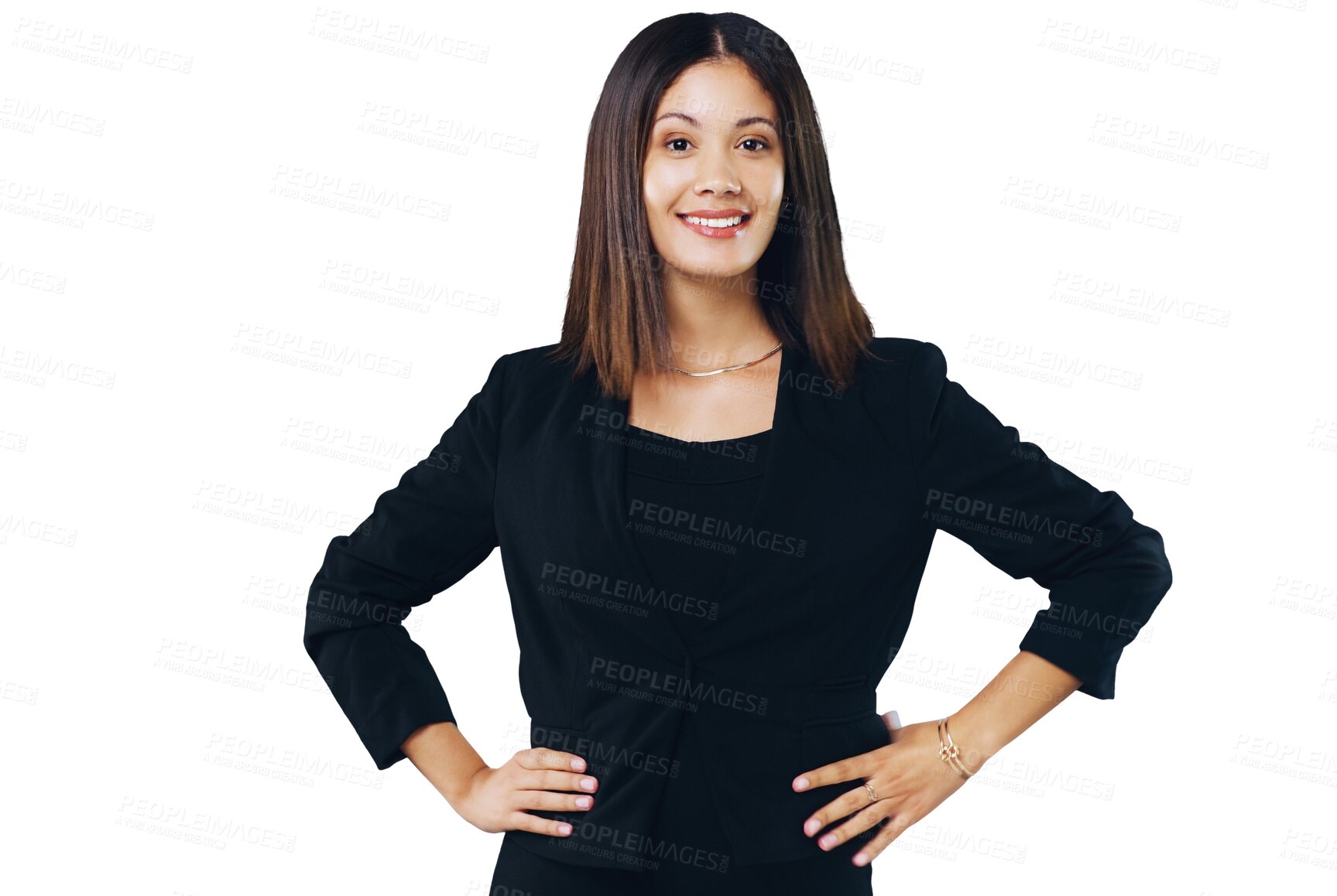 Buy stock photo Happy woman, portrait and standing in business confidence isolated on a transparent PNG background. Attractive female person or professional employee smile with hands on hips in corporate management