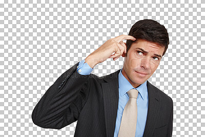 Buy stock photo Confused, thinking and business man scratching head with questions on isolated, transparent or png background. Why, doubt and face of male entrepreneur with emoji sign for forget, mistake or oops