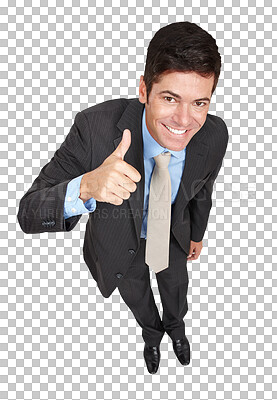 Buy stock photo Happy, portrait and business man with thumbs up support on isolated, transparent or png background. We are hiring, recruitment or above entrepreneur face with yes hand emoji, success or motivation