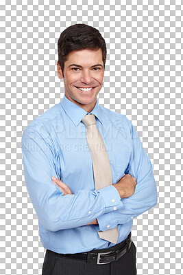 Buy stock photo Portrait, smile and business man with arms crossed isolated on a transparent png background. Confidence, face and happy professional entrepreneur, agent and corporate employee working in Australia