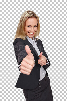 Buy stock photo Happy business woman, portrait and thumbs up for corporate agreement vote, job well done or approval opinion. Emoji like sign, motivation or professional agent isolated on transparent, png background