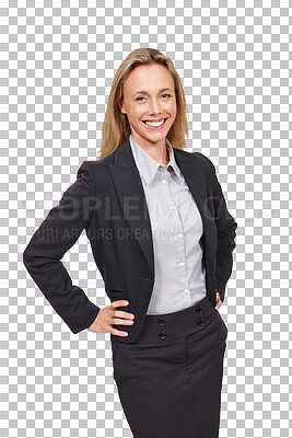 Buy stock photo Businesswoman, confident and portrait with happy as consultant, professional and corporate career. Person, smile and face with job pride with fashion suit and isolated on transparent png background