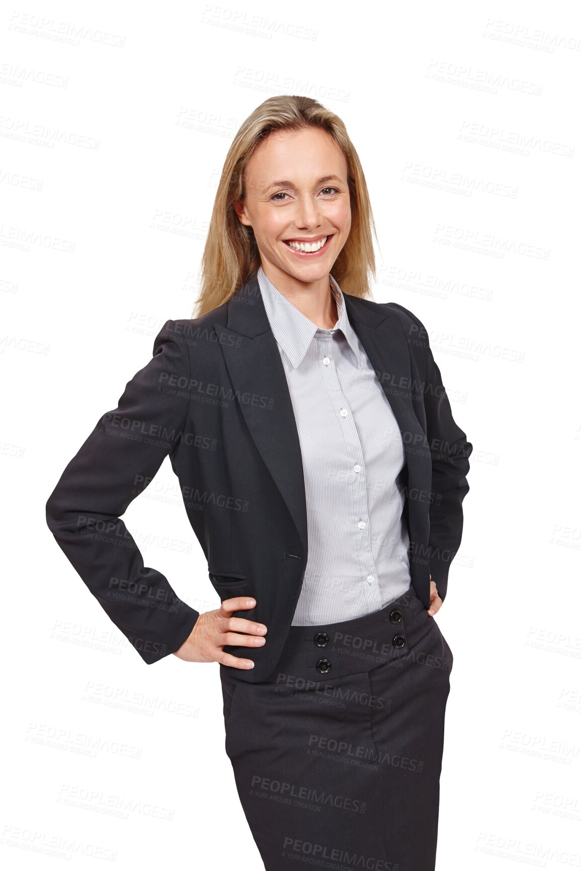 Buy stock photo Businesswoman, confident and portrait with happy as consultant, professional and corporate career. Person, smile and face with job pride with fashion suit and isolated on transparent png background