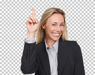 Buy stock photo Portrait, happiness and business woman point at corporate offer, promo direction and company service opportunity. Agent presentation, ads face or show discount isolated on transparent, png background