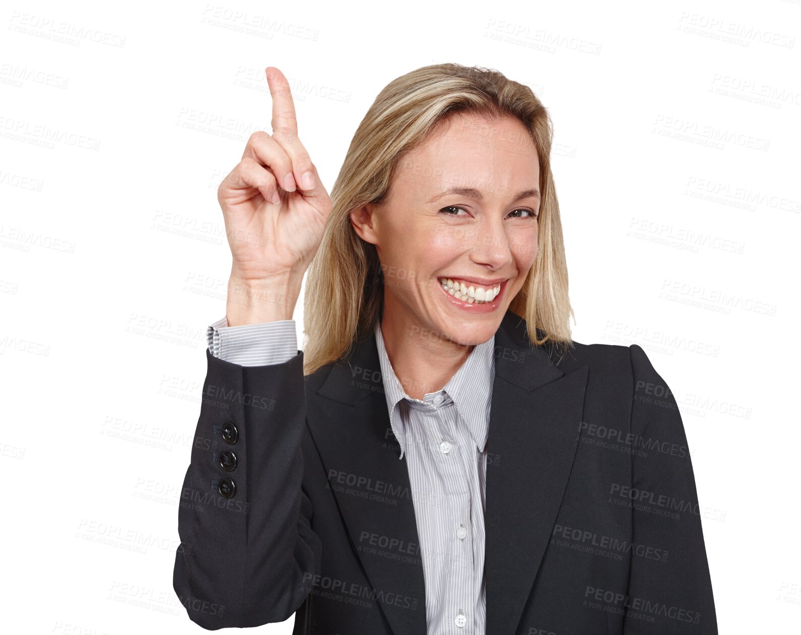 Buy stock photo Portrait, happiness and business woman point at corporate offer, promo direction and company service opportunity. Agent presentation, ads face or show discount isolated on transparent, png background