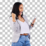 Fist, celebration and happy woman with phone in studio for news, deal or sign up success on white background. Wow, hand and excited lady winner with smartphone for sale, discount or coming soon promo