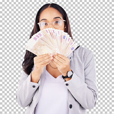 Portrait, money and a woman lottery winner in studio on a gray background in celebration of a bonus or promotion. Cash, eyes and finance payment with a young person in glasses holding euro notes