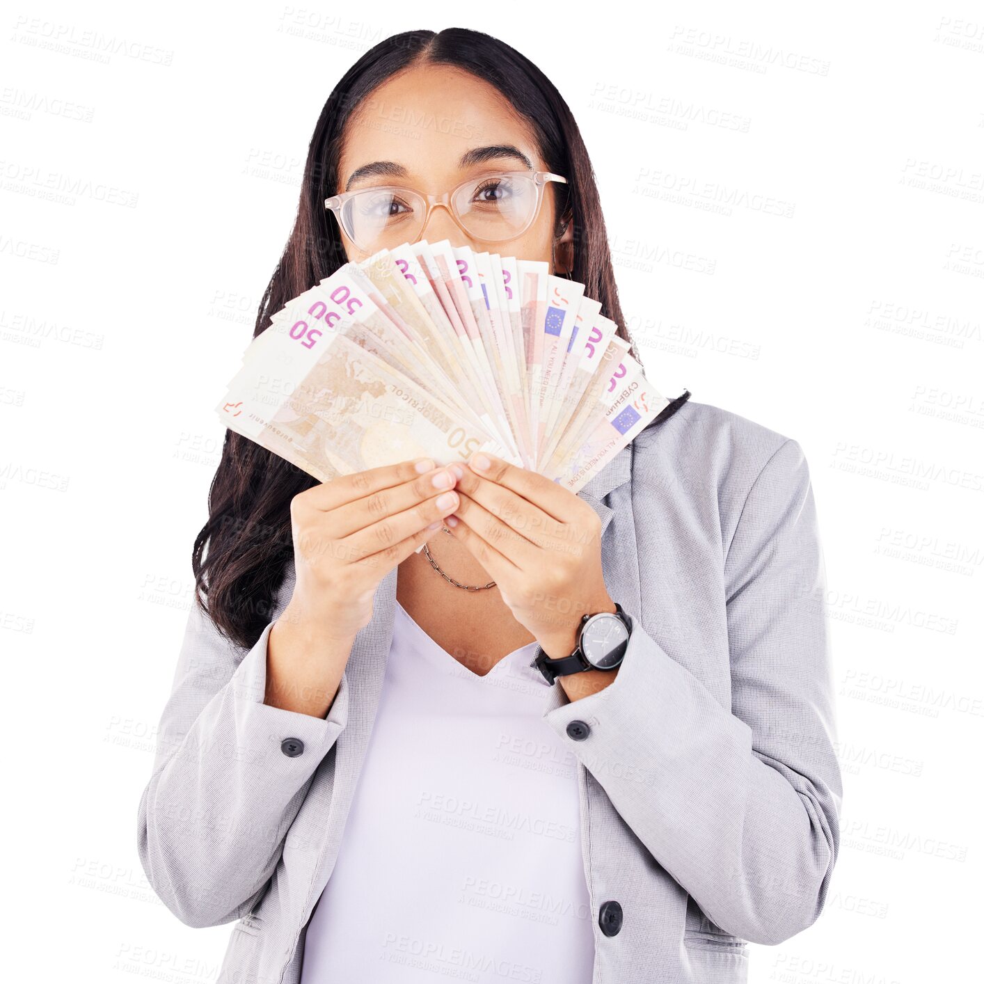 Buy stock photo Portrait, woman and lottery with money for winner for celebration, bonus and promotion. Person, glasses and eyes for cash, finance payment and euro notes on isolated or transparent png background