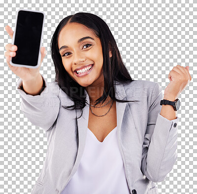 Buy stock photo Woman, phone screen and smile in portrait, winner and mobile app or info, social media and mockup. Female person, smartphone and product placement or tech, isolated and transparent png background