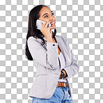 Business woman, studio and phone call for communication on white background. Happy female worker, smartphone contact and consulting with mobile technology, conversation and networking for feedback 