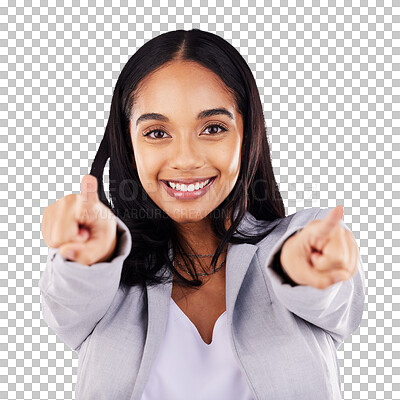 Portrait, business woman and pointing to you in studio, white background and hands for choice of decision, winner and opportunity. Happy female male model, finger emoji and hiring for recruitment