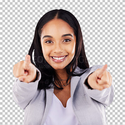 Buy stock photo Business woman, portrait and pointing you to show winner, opportunity or success and choice. Face of Happy person with hands for vote, winning and competition isolated on a transparent PNG background