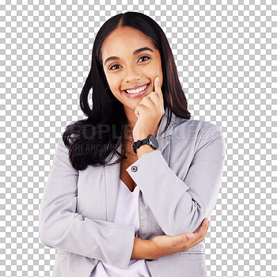 Buy stock photo Business woman, thinking and portrait with smile, plan and isolated on transparent png background. Female person, professional and ideas for work, career and strategy or choice, decision and wonder