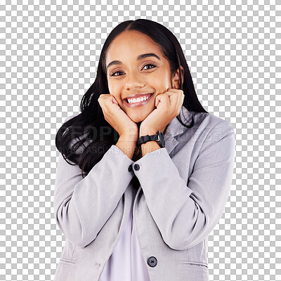 Buy stock photo Happy woman, corporate and career with portrait in excitement, pose and gesture. Female entrepreneur, professional and smile with confidence for occupation on isolated or transparent png background