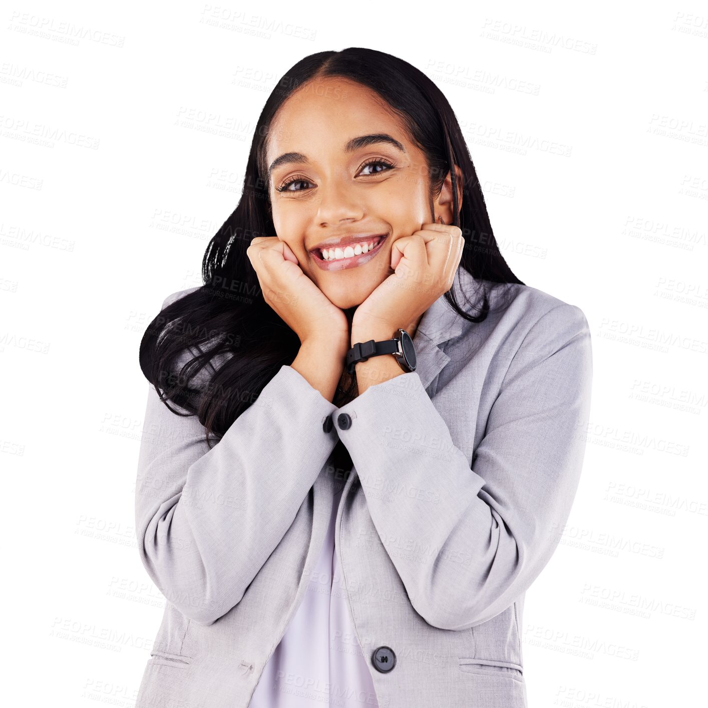 Buy stock photo Happy woman, corporate and career with portrait in excitement, pose and gesture. Female entrepreneur, professional and smile with confidence for occupation on isolated or transparent png background