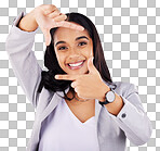 Finger framing, portrait and business woman in studio, white background or imagine profile picture. Face of female worker, hands and frame perspective for selfie, photography ideas or planning border