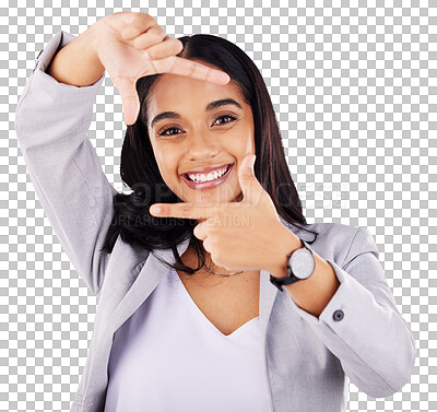 Buy stock photo Businesswoman, finger and frame in portrait, creative or perspective with idea, unique and thinking. Brazilian person, entrepreneur and smile for startup on isolated or transparent png background