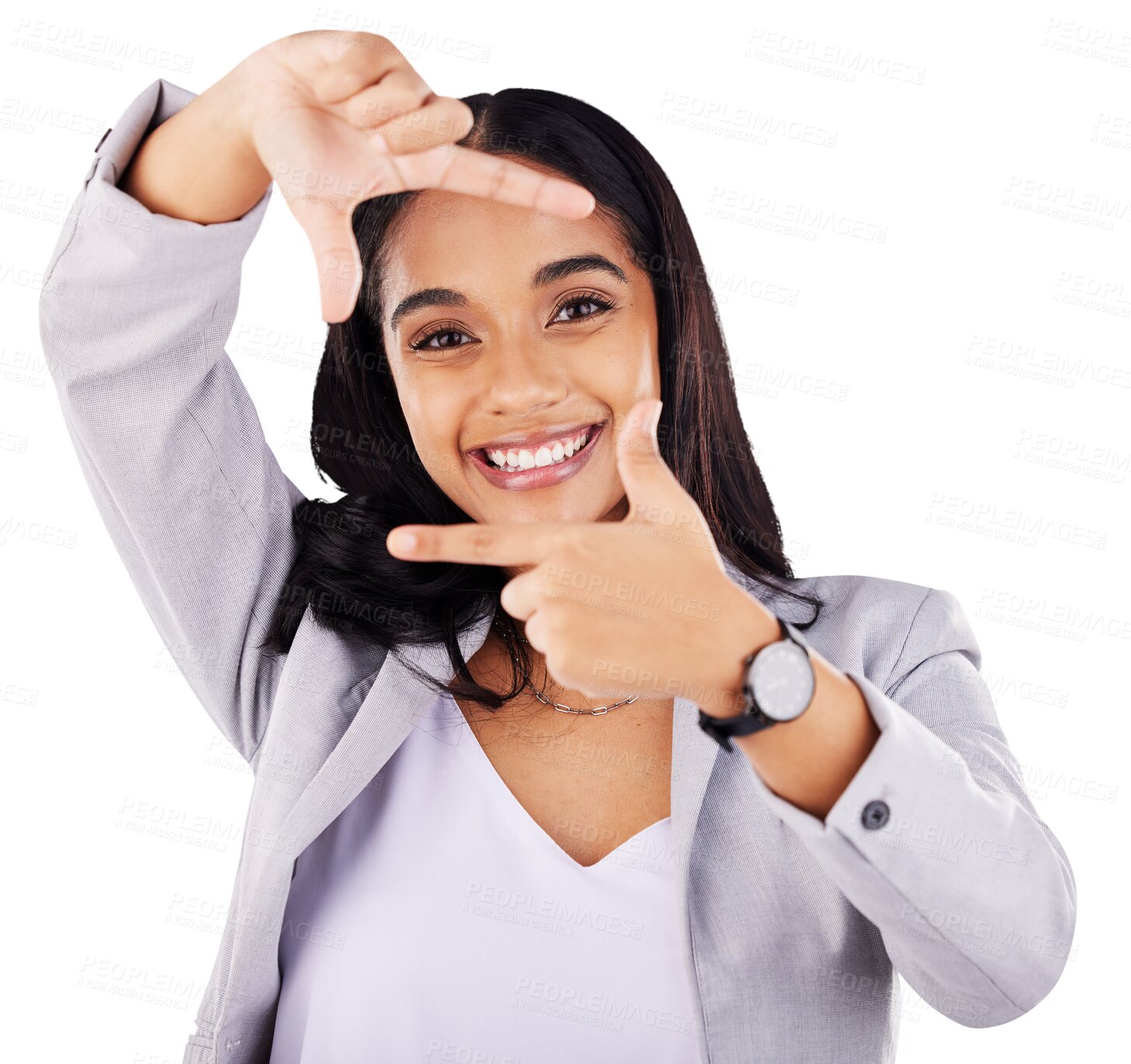 Buy stock photo Businesswoman, finger and frame in portrait, creative or perspective with idea, unique and thinking. Brazilian person, entrepreneur and smile for startup on isolated or transparent png background