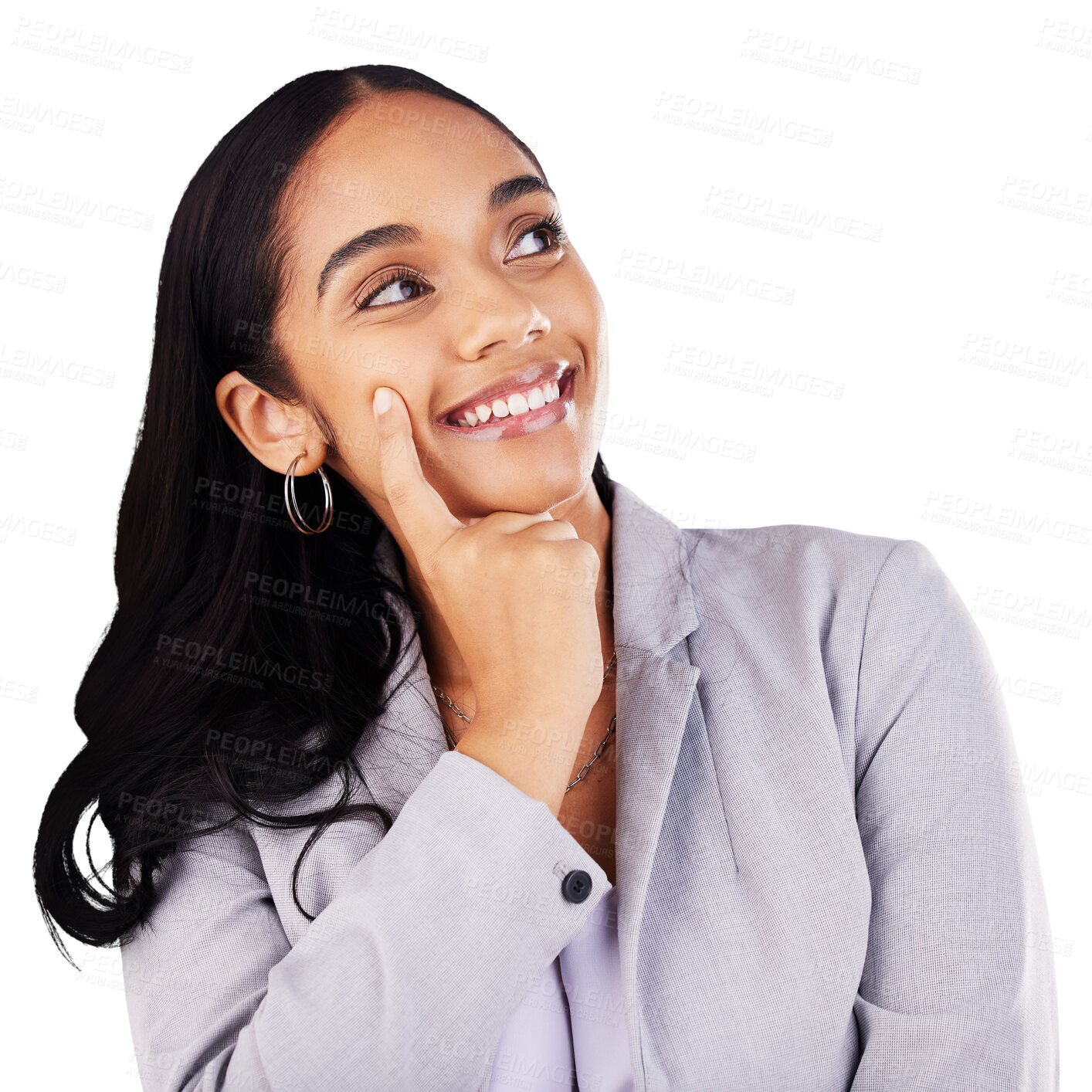 Buy stock photo Business woman, happy and thinking of ideas, brainstorming or planning for marketing solution. Young professional worker with creative inspiration or job vision isolated on transparent PNG background