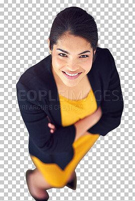 Buy stock photo Portrait, top view and business woman with arms crossed isolated on a transparent png background. Face, confidence and happy professional advisor, entrepreneur and corporate employee above in Mexico