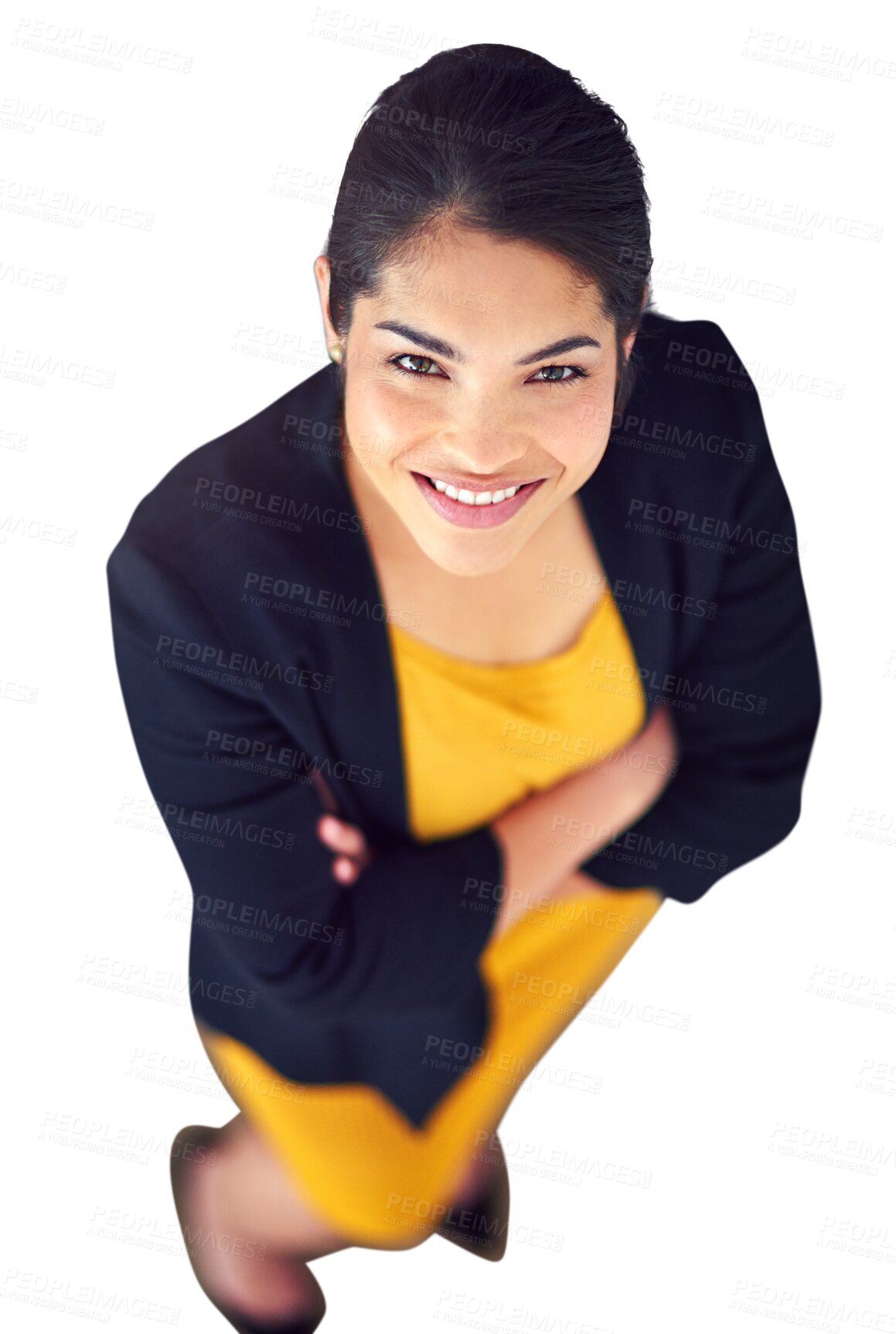 Buy stock photo Portrait, top view and business woman with arms crossed isolated on a transparent png background. Face, confidence and happy professional advisor, entrepreneur and corporate employee above in Mexico