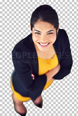 Buy stock photo Portrait, above and business woman with arms crossed isolated on a transparent png background top view. Face, confidence and happy professional advisor, entrepreneur and corporate employee in Mexico