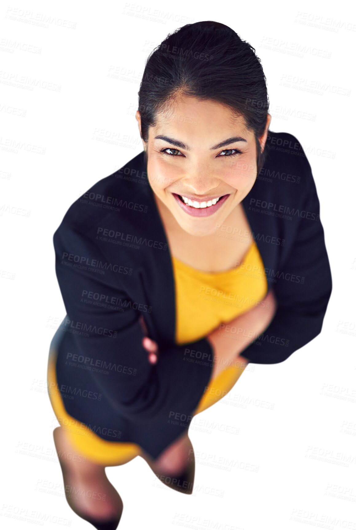 Buy stock photo Portrait, above and business woman with arms crossed isolated on a transparent png background top view. Face, confidence and happy professional advisor, entrepreneur and corporate employee in Mexico