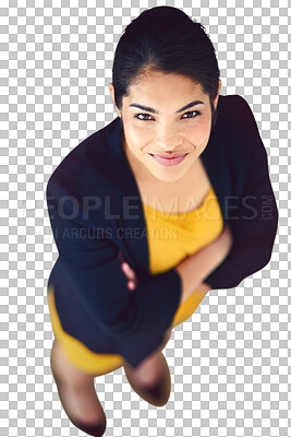 Buy stock photo Portrait, above and business woman with arms crossed isolated on a transparent png background. Face, top view and confident professional entrepreneur, agent and corporate employee working in Mexico