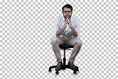 Buy stock photo Business man, chair and portrait, thinking or vision for opportunity, career choice or professional solution. Creative worker or employee with decision or relax isolated on transparent PNG background