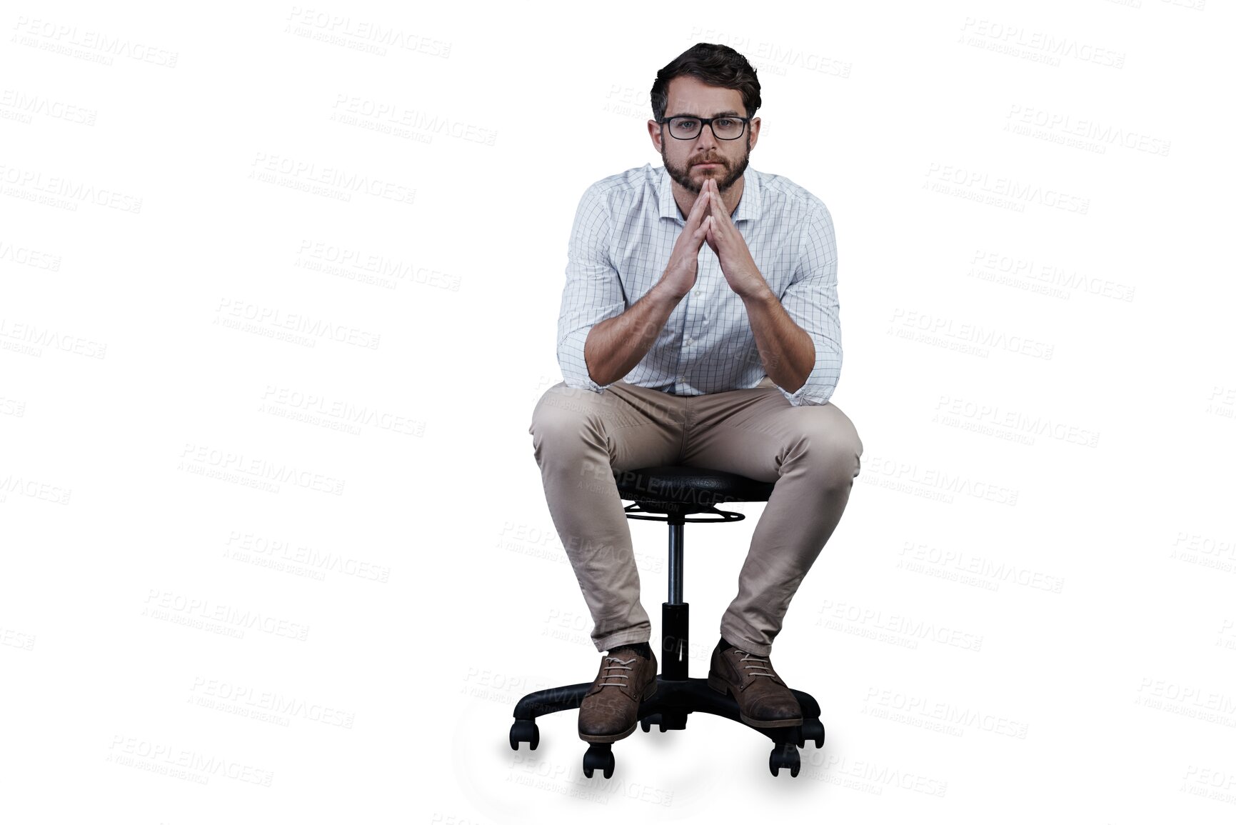 Buy stock photo Business man, chair and portrait, thinking or vision for opportunity, career choice or professional solution. Creative worker or employee with decision or relax isolated on transparent PNG background